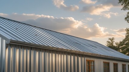 Poster - Metal roofing on a modern building reflecting sunlight with clouds in the background showcasing architectural design and durability