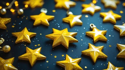 Poster - Festive golden stars scattered on a dark background creating a warm holiday ambiance perfect for Christmas celebrations.