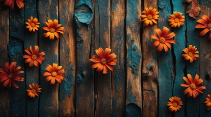 Poster - Wooden background adorned with vibrant orange flowers creating a natural aesthetic appeal, ideal for design and decorative purposes.