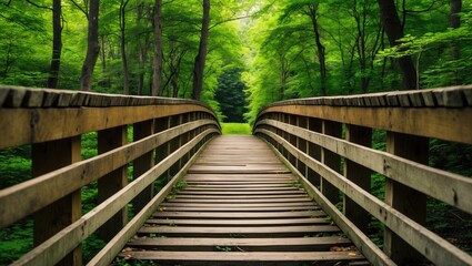 Poster - Wooden Footbridge Surrounded By Lush Green Foliage In Serene Forest Landscape