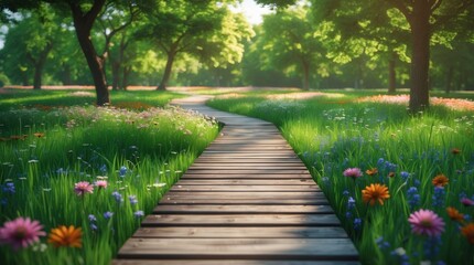 Poster - Wooden walking trail through a vibrant green park adorned with colorful flowers and lush grass under a serene sunlight ambiance