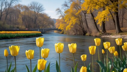 Poster - Vibrant yellow tulips by a serene river with autumn foliage and a distant bridge creating a picturesque seasonal landscape.