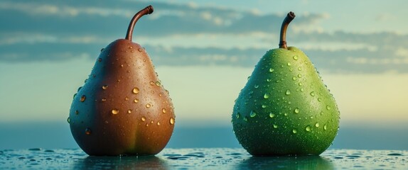 Wall Mural - Dewy pears on a reflective surface with a soft sky backdrop showcasing contrasting textures and colors for a fresh, serene aesthetic.