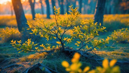 Poster - Vibrant young tree branches with golden leaves in a sunlit forest setting during early morning or late afternoon light.