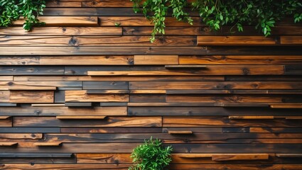 Poster - Modern wooden wall texture with ecological elements and greenery, ideal for backgrounds and interior design concepts.