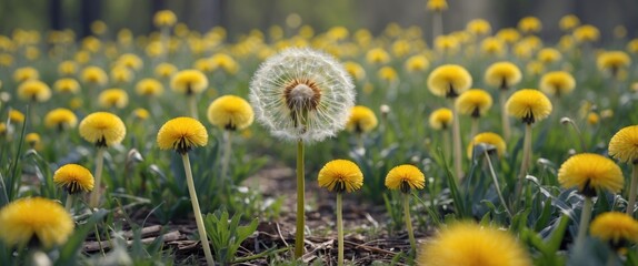 Poster - Vibrant Field of Dandelions in Springtime Showcasing Bright Yellow Blooms and a White Puffball Centerpiece Under Soft Natural Light