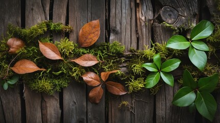 Poster - Natural wooden background adorned with vibrant moss and assorted leaves creating an earthy and organic atmosphere for design projects.