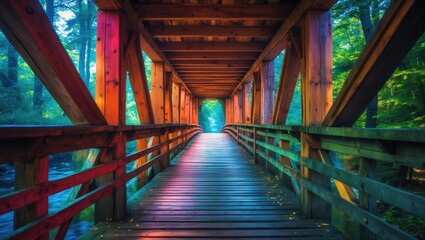 Poster - Scenic wooden bridge surrounded by lush greenery with vibrant colors and sunlight streaming through the trees creating a tranquil atmosphere.