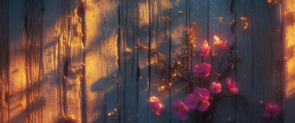 Poster - Floral arrangement on weathered wood background illuminated by warm sunlight creating a serene and rustic atmosphere.