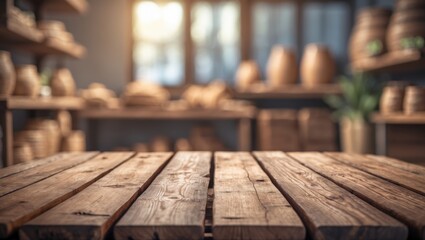 Poster - Wooden Table Surface in Artisan Workshop With Blurred Background for Product Display and Empty Text Space
