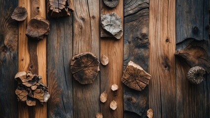Poster - Natural wooden surface with assorted tree bark and leaves arranged artistically showcasing rich textures and earthy tones for rustic decor.