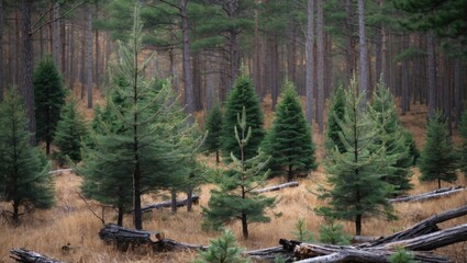 Poster - Young Firs Surrounded by Tall Pine Trees in a Lush Mixed Forest with Dry Grass Landscape