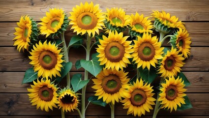 Poster - Vibrant sunflowers arranged on a rustic wooden surface showcasing their natural beauty and bright yellow petals from a top view perspective