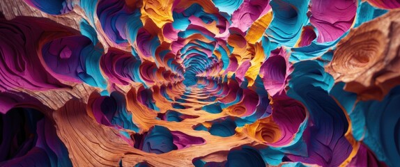 Poster - Vibrant wooden tunnel with colorful swirling textures ideal for artistic design and creative decoration concepts