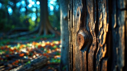Poster - Wood grain detail in natural light showcasing texture and depth in a serene outdoor forest environment.