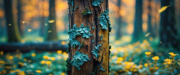Poster - Lichen-covered tree trunk in a serene forest setting symbolizing environmental health and natural beauty with a dreamy blurred background.