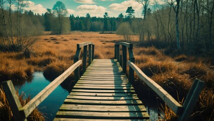 Poster - wooden footbridge over a tranquil bog in the countryside surrounded by golden grasses and trees under a blue sky