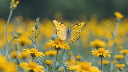 Poster - Yellow butterfly perched on vibrant yellow flowers in a blooming field under soft natural light showcasing nature's beauty and tranquility.