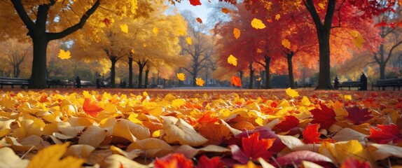 Poster - Vibrant autumn foliage in a serene park with falling leaves showcasing yellow, orange, and red hues against a clear blue sky.