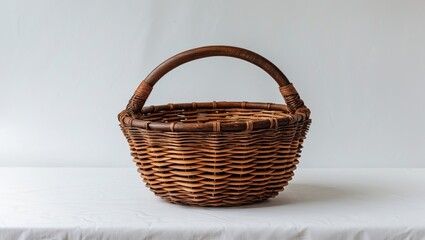 Poster - Handcrafted Wicker Basket with Curved Wooden Handle Isolated on White Background Ideal for Decoration or Storage with Copy Space