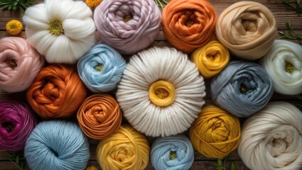 Poster - Colorful Yarn Balls Arranged Artistically with Floral Accents and Empty Space for Text on Wooden Background