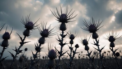 Poster - Stark silhouettes of dried thistle plants against a cloudy sky captured from a worm's-eye view highlighting sharp spikes and textures.