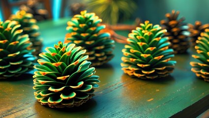 Poster - Vibrant green pine cones arranged on a rustic table showcasing natural textures and colors in a cozy setting.