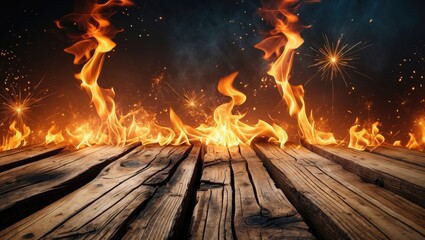 Poster - Wooden planks foreground with vibrant flames and sparkling effects creating a dramatic and abstract background for creative design purposes