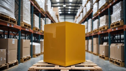 Poster - Warehouse storage of a bright yellow square box on wooden pallets with neatly arranged cardboard boxes in the background.