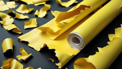 Poster - Yellow torn paper sheet and shreds on dark background ideal for creative presentations and design projects.