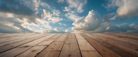Poster - Wooden floor perspective with dramatic sky and clouds creating a serene outdoor ambiance for design and nature themes.