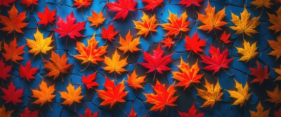 Poster - colorful autumn leaves in red, yellow, and orange arranged on a blue grey tile surface creating a wa