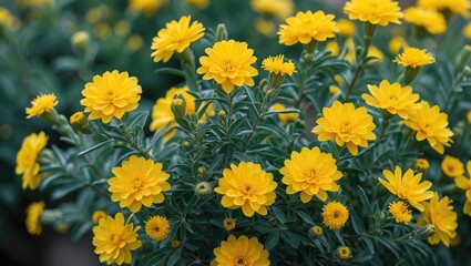 Poster - Vibrant Yellow Flowering Bush with Blossoming Petals and Lush Green Foliage in a Garden Setting