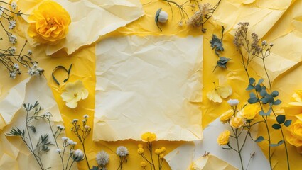 Poster - Yellow textured paper background with assorted yellow flowers and foliage creating a vibrant, cheerful flat lay scene suitable for design projects.