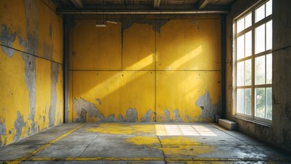 Poster - Industrial yellow concrete wall with natural light streaming through window creating an urban aesthetic in an empty room interior.