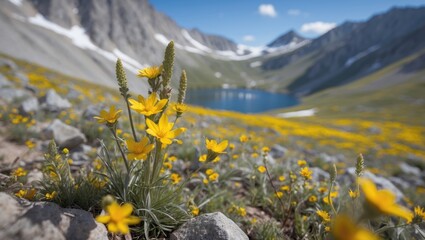Poster - Yellow Wildflowers Blooming In A Mountain Landscape With A Serene Lake In The Background Under A Clear Blue Sky