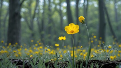 Poster - Vibrant Yellow Wildflowers Blooming In A Lush Forest Clearing With Soft Focus And Copy Space For Adding Text