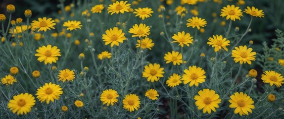 Poster - Vibrant Yellow Flowers Blooming Abundantly in a Garden with Space for Text and Design Elements