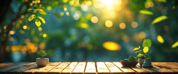 Poster - Sunlit Wooden Table With Empty Space Surrounded By Green Foliage And Blurred Bokeh For Text Placement And Decorative Elements