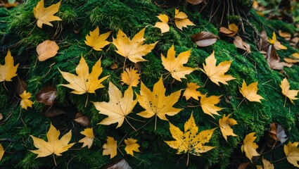 Poster - Autumn leaves resting on vibrant green moss in a tropical forest showcasing nature's seasonal beauty and rich color contrast.
