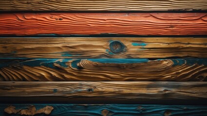 Poster - Textured wooden wall with vibrant colors, showcasing unique grain patterns and growth rings for decorative or artistic backgrounds.