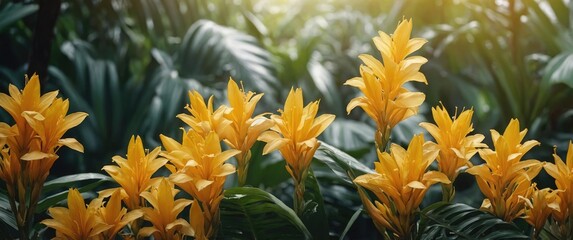 Poster - Vibrant Yellow Tropical Flowers Surrounded by Lush Greenery with Space for Text or Branding in a Natural Setting