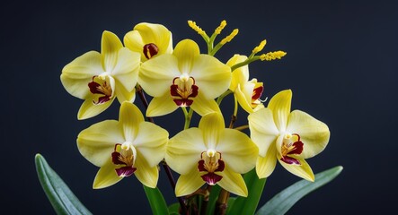 Poster - Vibrant Yellow Wild Orchid Bouquet Against Dark Background Showcasing Unique Petals Pistils and Stamens in Nature's Beauty