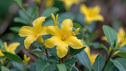 Poster - Vibrant Yellow Ixora Flowers Blooming Amidst Lush Green Foliage in a Serene Garden Setting