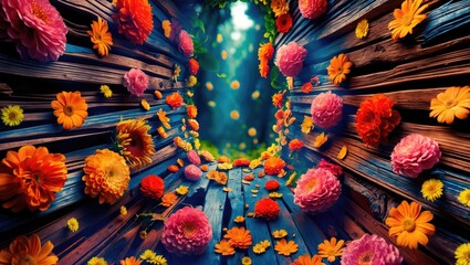 Poster - Vibrant flower petals cascading into a serene wooded pathway surrounded by colorful blooms and atmospheric lighting.