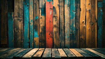 Poster - Colorful rustic wooden wall with a mix of weathered boards and planks background for creative design and photography projects