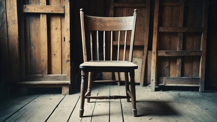 Poster - Wooden Chair Against Rustic Background With Text Space Ideal For Vintage Design Projects And Creative Layouts