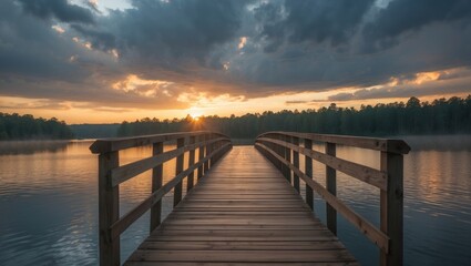Poster - Tranquil Wooden Bridge Over Serene Lake at Sunset After Storm with Dramatic Sky and Reflection in Calm Waters