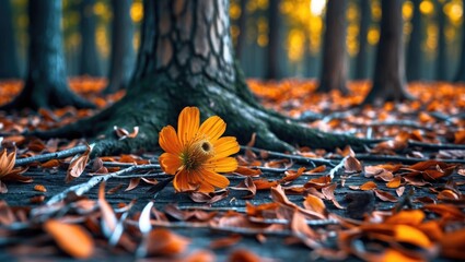 Poster - Autumn landscape featuring vibrant orange flower on a wooden floor surrounded by fallen leaves and tree trunks in a serene forest setting