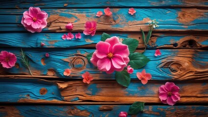 Poster - Colorful wooden background with vibrant flowers featuring pink blooms and greenery for decorative use or creative projects.